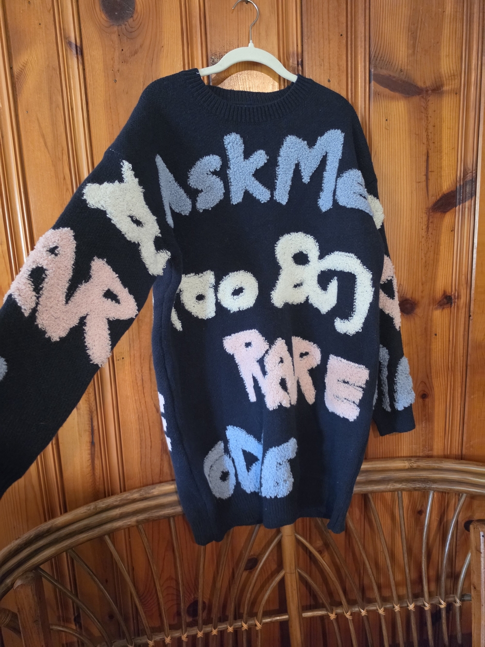 SHEIN Black Graphic Knit Sweater Dress W Pastel Blue, Pink and Cream Lettering